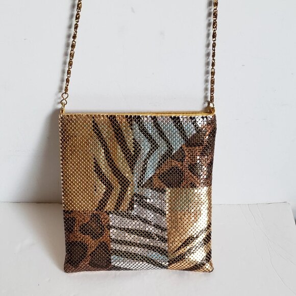 VINTAGE 70s Disco Gold Metal Mesh Bag Chain Crossbody Animal Print Retro Groovy - Picture 12 of 13
